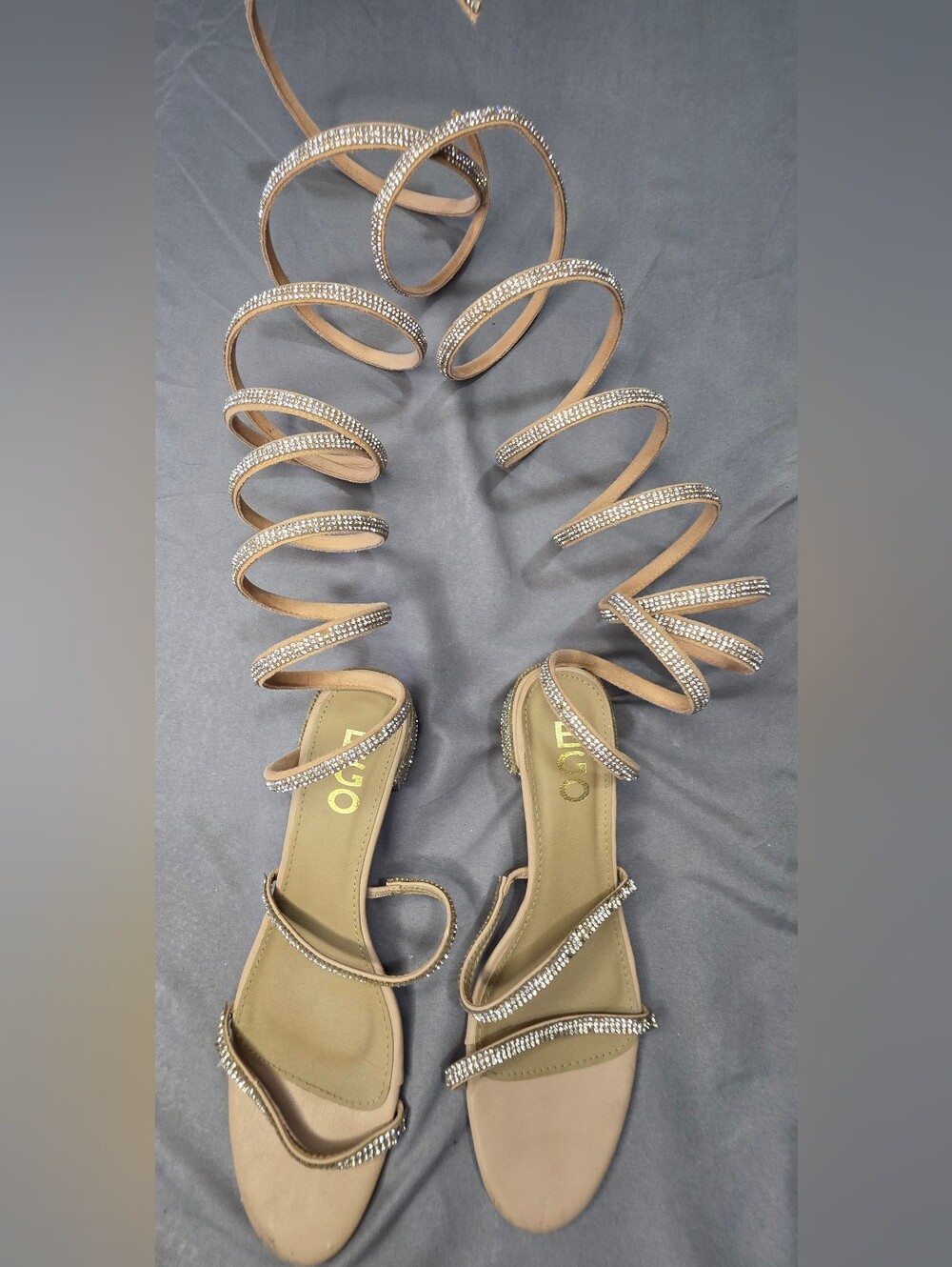 EGO Rhinestone Crystal Spiral Wrap Sandals UK5 US7 Nude Block Heel